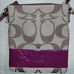 Fuschia Beige Brown Canvas/Leather Cross Body